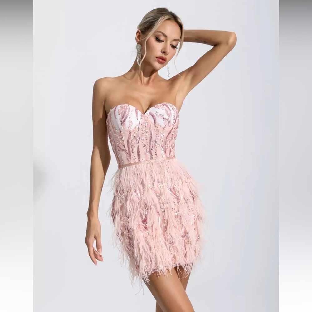 Pink sequin feather cocktail dress